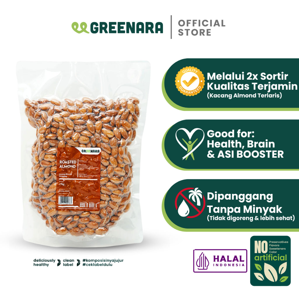 Greenara Natural Roasted Almond 1Kg / Kacang Almond Panggang Tanpa Perasa Tanpa Digoreng