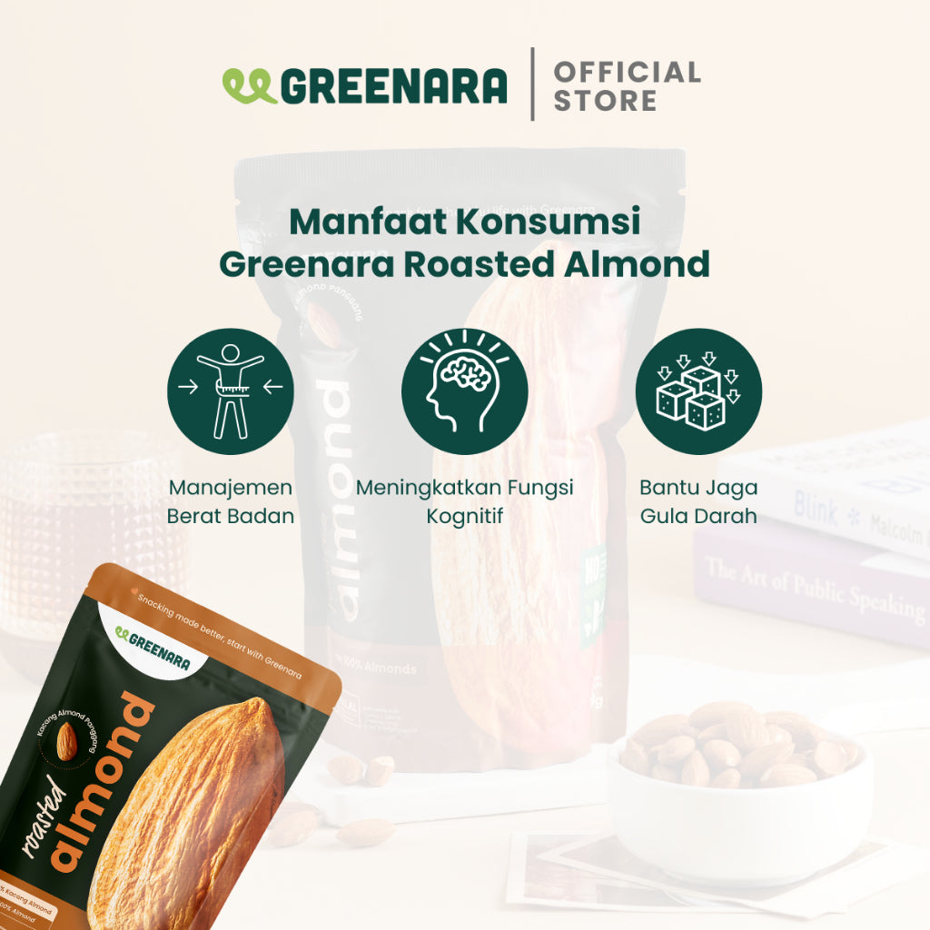 Greenara Natural Roasted Almond 120gr / Snack Kacang Almond Panggang Tanpa Perasa Tanpa Digoreng